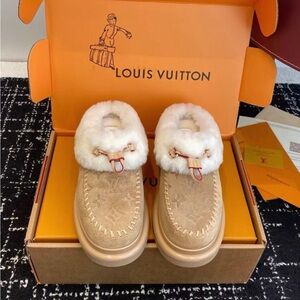 Louis Vuitton Tan Suede Shearling Cuff Slip-On Mules